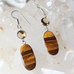 NWOT Tiger's Eye & Citrine Artisan Drop Hook Earrings .925 Sterling Overlay